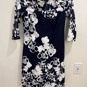 Eliza J Navy and White Floral Long Sleeve Dress